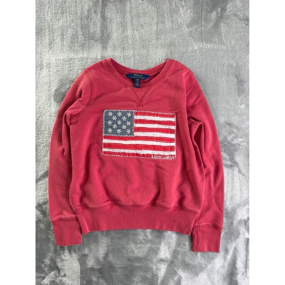 Polo‎ Ralph Lauren Girls Red American Flag Patch Sweatshirt Size 7 Pullover